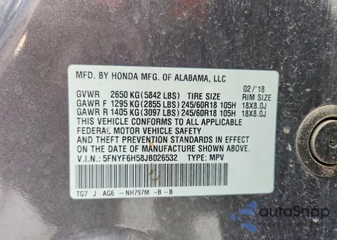 2018 Honda Pilot Exl z USA, uszkodzony, nr VIN 5FNYF6H58JB026532